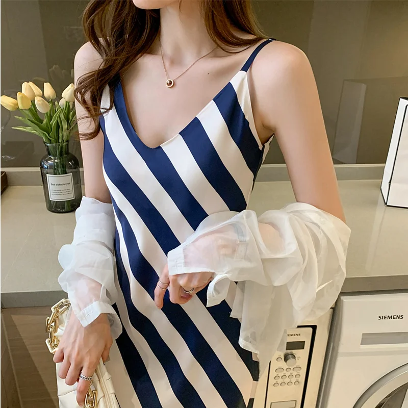 Реальная фотография 2021 французская Полосатая юбка на бретельках в иностранном