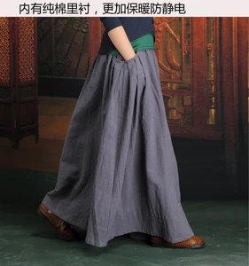 Бесплатная доставка 2021 длинная хлопковая льняная осенне-зимняя юбка для женщин юбки M-XL с эластичной резинкой на талии черные плотные с карманами
