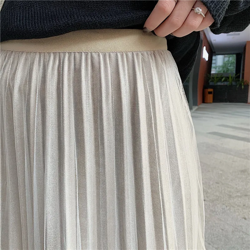 

Fdfklak New retro spring autumn womens skirts mid-length mesh gauze high waist fairy skirt ins super fire pleated skirt women