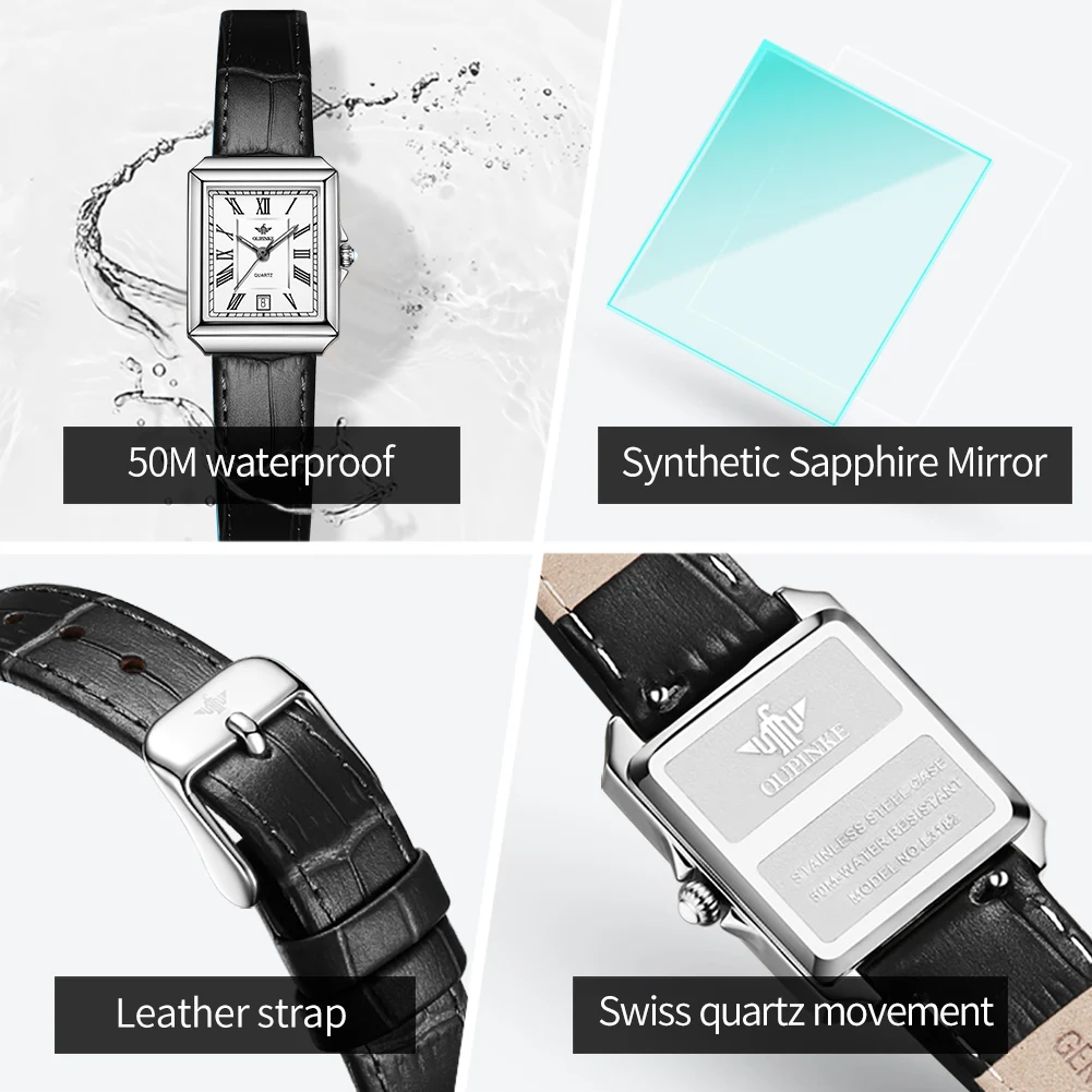 

OUPINKE Fashion Square Watch For Women Luxury Brand Swiss Quartz Wristwatch Sapphire Leather Strap Dress Ladies Watch Gifts set