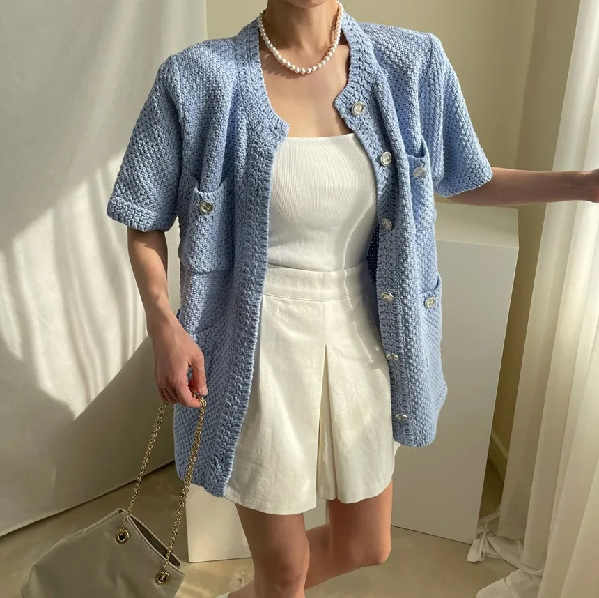 

Spring Summer Short Sleeve Knitted Cardigans Vintage Korean Fashion 2021 New Single Breasted Casual Knitting Coat Loose Knitwear