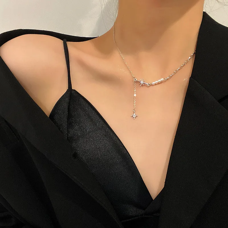 

Fashion Star Tassel Pendant Necklace for Women Silver Color Stainless Steel Pearl Necklace Girls Choker Neck Chain Jewelry Gift