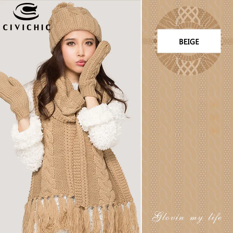 Beige Шикарный женский вязаный шарф, шапка, перчатки из флиса и бархата, комплект из 3 предметов, осенний зимний головной убор, теплый помпон Skullies Beanies, грелка для шеи SH120 - Цвет: Beige