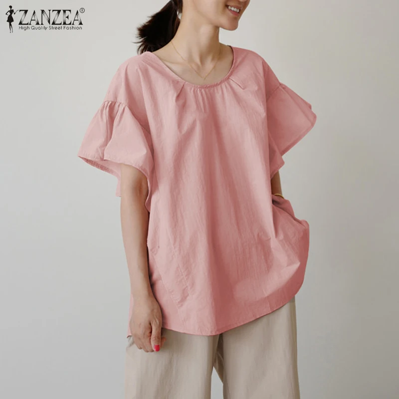 

Fashion Elegant Blouse Womens 2021 Summer Tops Tunic ZANZEA Solid Ruffle Sleeve Blusa Casual Minimalist Baggy Pullover Oversized