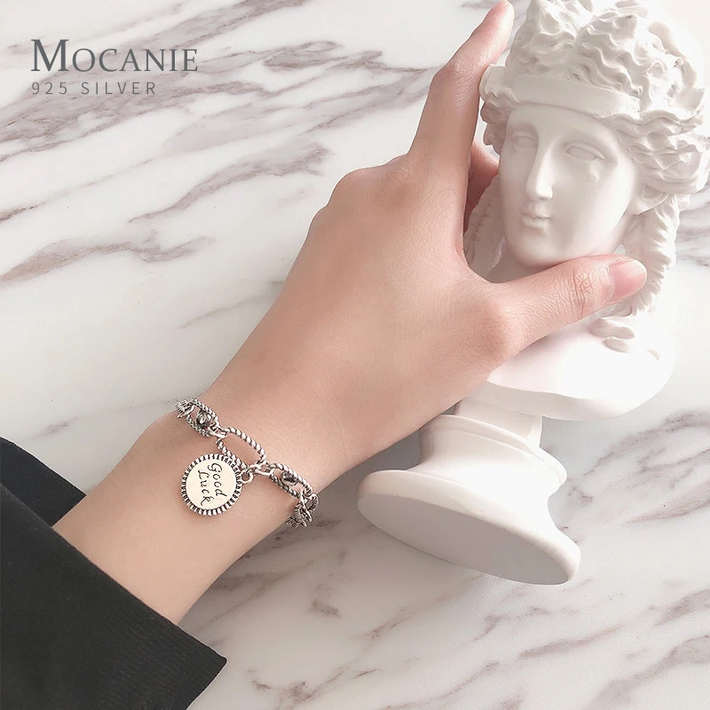 

Mocanie Retro Engraved Letter Disc Link Chain Geometric Luckly Bracelet for Women 925 Sterling Silver Charm Bangle Fine Jewelry