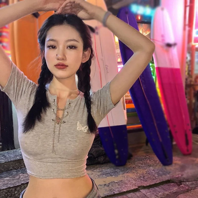 

Short Paragraph Navel T-shirt Female Summer Slim Straps Design Hot Girl Tight Tee Shirt Tops Female Crop Top Ladies Shirt