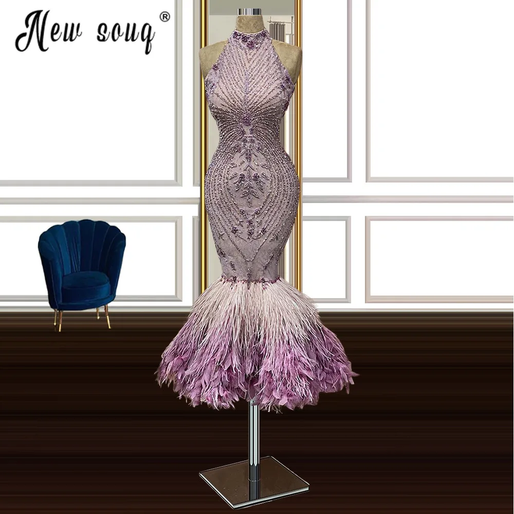 

Purple High Neck Mermaid Evening Dresses Feather Prom Dress Floor Length Beaded Sequins Women Homecoming Dresses Longue Robes