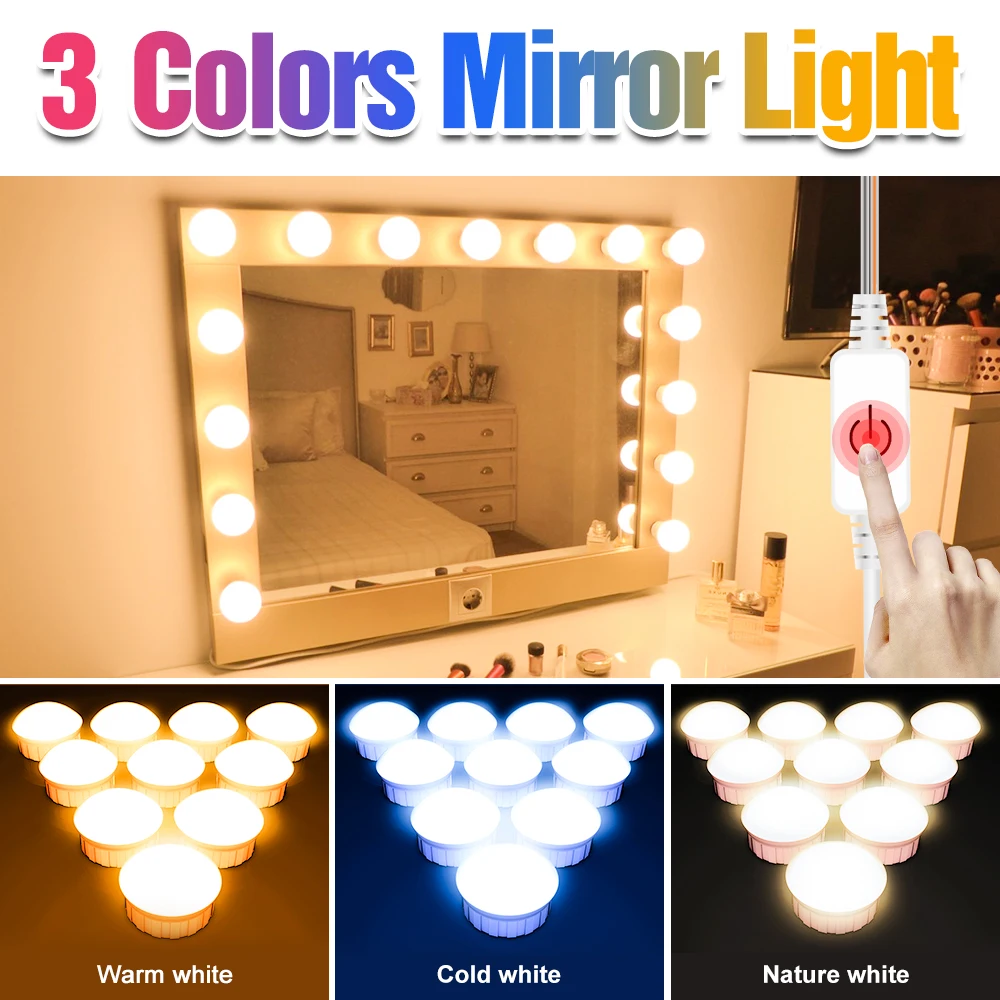 

3 Colors LED Hollywood Makeup Mirror Lamp USB Wall Light LED Touch Vanity Bulb 5V LED Bathroom Dressing Table Mirror With Light