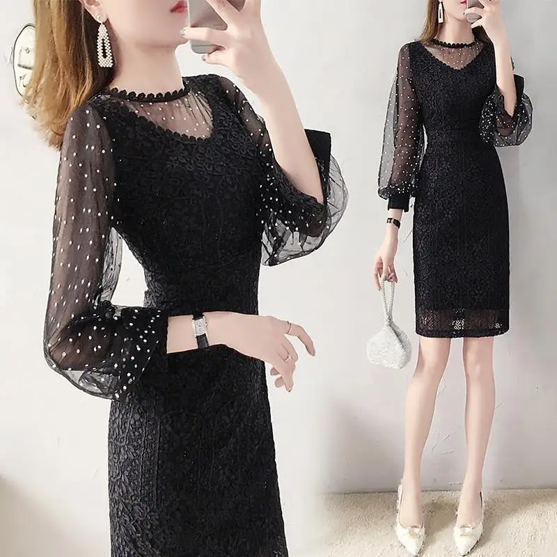 

Women 2021 Spring Autumn Fashion Dress Female V-neck Long Sleeve Lace Elegant Slim Pencil Midi Bodycon Dresses Vestidos Z270