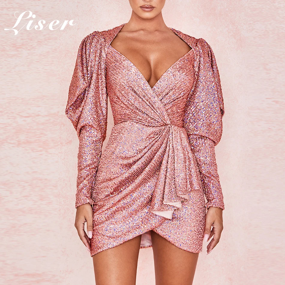 Женское мини платье с блестками Liser клубное облегающее длинным рукавом и v
