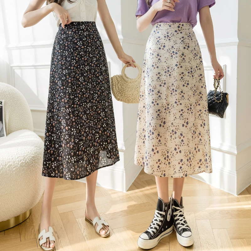 

Korean Kawaii Skirts Natural Waist Long Woman Skirt Summer Floral Mid-calf Print Skirts Women Clothing Black Skirt for Female OL