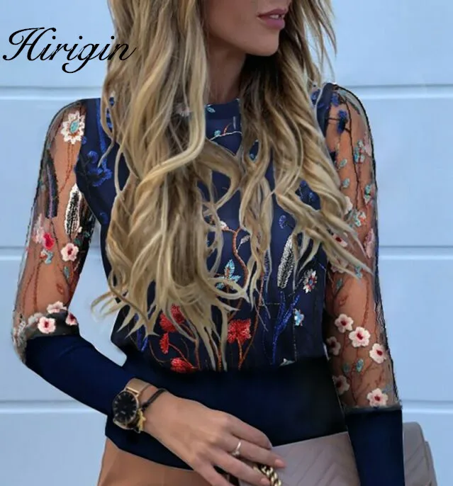 Женская блузка с вышивкой и рукавами фонариками из прозрачной сетки Осенняя