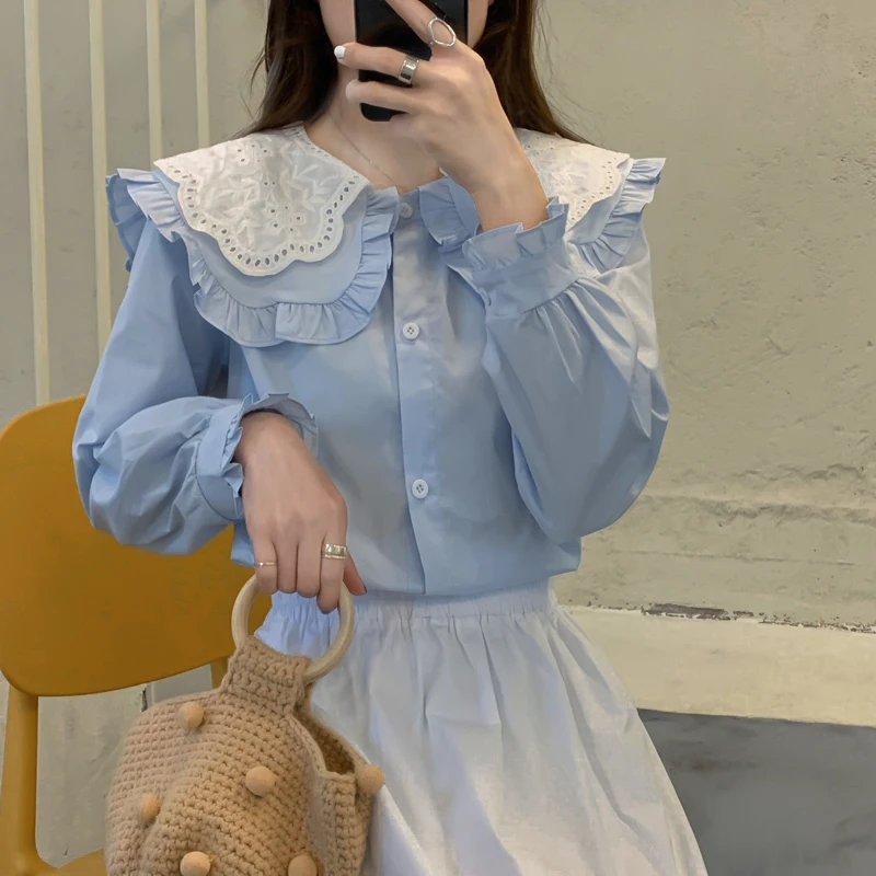 

Hzirip All Match Loose Fashion Ruffles Solid Peter Pan Collar Hot Chic 2021 Femme Streetwear Brief Casual High Quality Shirts
