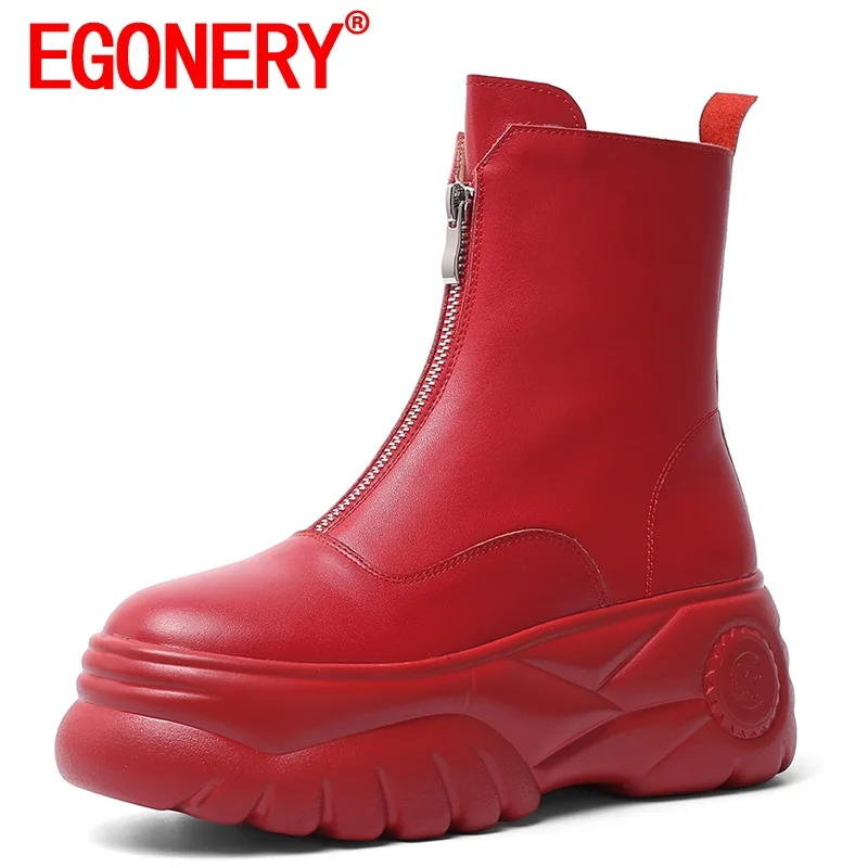 

EGONERY Women winter New Style Thick bottom Ankle boots Fashion Leisure zipper Concise Mature ventilation Round Toe Solid color