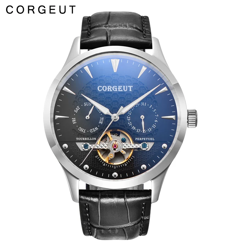 Corgeut 44 мм Купольные стеклянные часы модные брендовые механические с черным