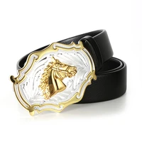 western cowboy leather belt horsehead zinc alloy leather belt silver gold mens high grade belt