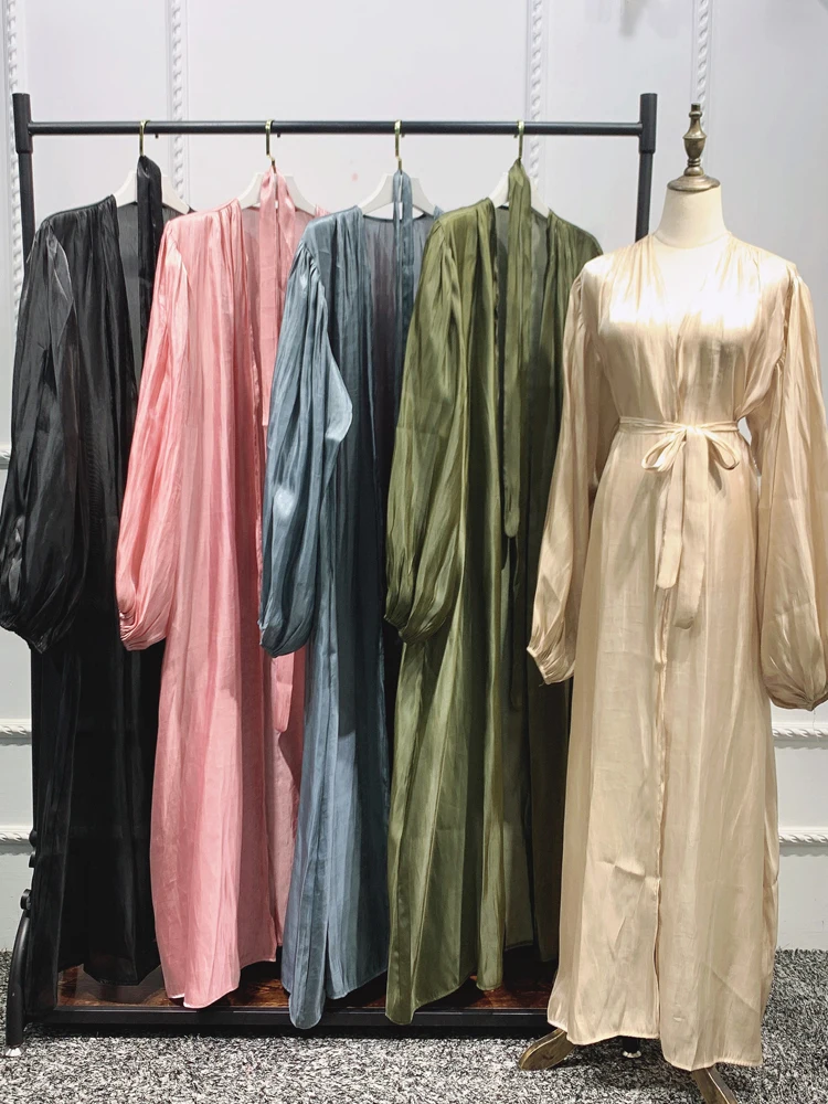 

Eid 2021 Summer Women Kimono Open Abaya Dubai Imitated Silk Fabric Islamic Arabic Muslim Hijab Dress Plain Duster Cardigan Coat