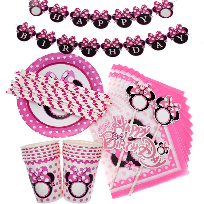 Розовый набор посуды для дня рождения с Минни одноразовой чашки тарелки