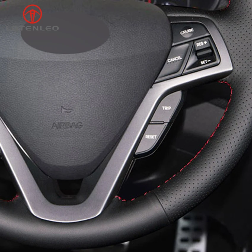 

LQTENLEO Black Genuine Leather Hand-stitched Car Steering Wheel Cover for Hyundai Veloster 2011 2012 2013 2014 2015 2016 2017