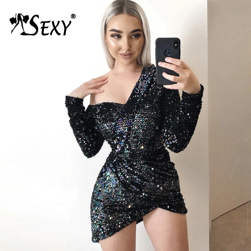 Gosexy новое женское сексуальное асимметричное платье с длинным рукавом, с блестками, с открытыми плечами, вечерние мини-платья, модное платье