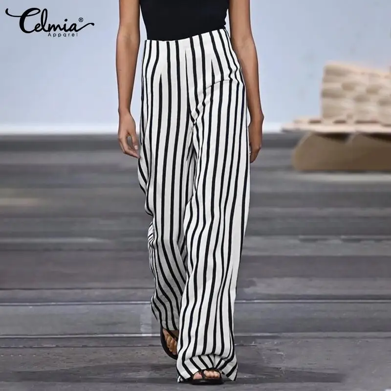 

Celmia 2021 Fashion Women Striped Long Pants Elegant High Waist Zipper Party Trousers Casual Pockets Streetwear Wide Leg Palazzo