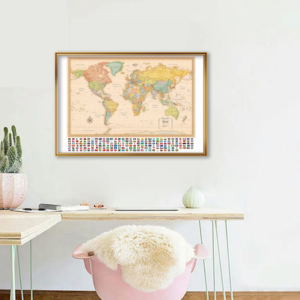 

59*42cm The Vintage World Map with National Flags Wall Art Poster Canvas Painting School Supplies Living Room Home Decor