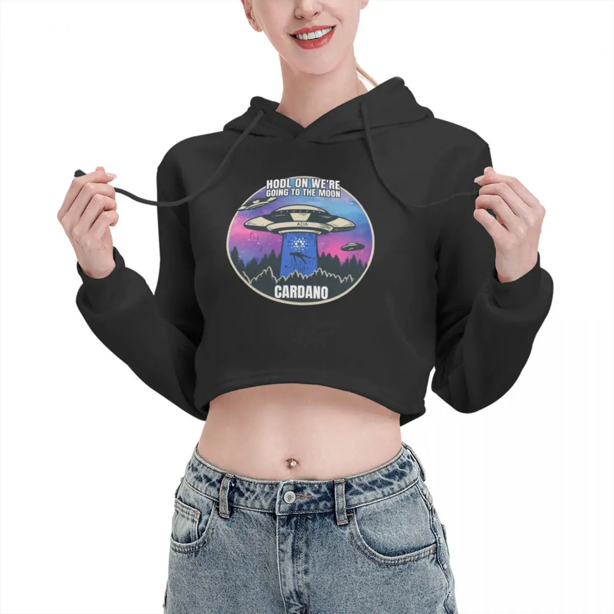 

Open navel Cat Ear Hoodie Sweater HODL To The Moon Cardano ADA With hood Funny beautiful Print Etherium pullover