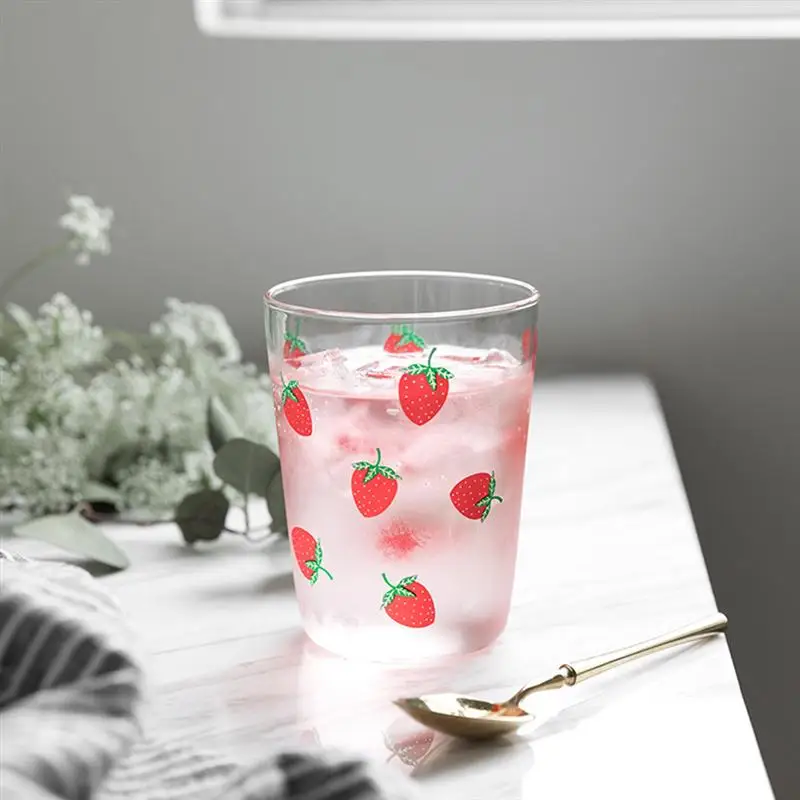 1pc Cute Strawberry Printing Glass Milk Cup Simple Storage Tea Transparent for Home Office |