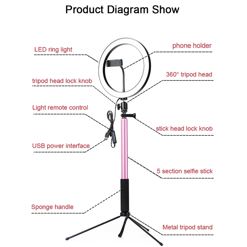 

26CM Dimmable LED Ring Light Photo Phone Video Light Lamp with Tripods Selfie Stick Ring Light Phone Holder(Pink)