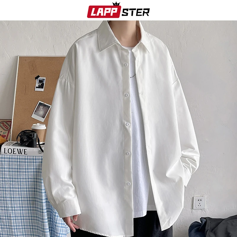 LAPPSTER Men Korean Fashion White Long Sleeve Shirts 2022 Mens Harajuku Black Oversized Shirt Male Button Up Shirts Blouses 5XL