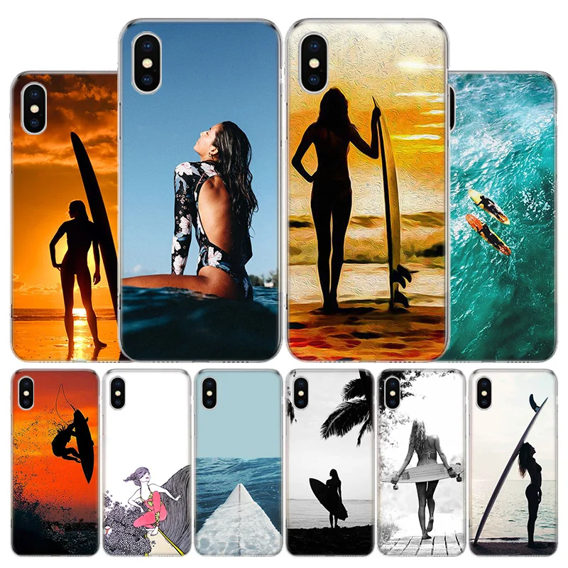 

Surfboard surfing art surf Girl Cover Phone Case For Apple iPhone 11 12 13 Pro XR X XS Max 7 8 6 6S Plus + Mini 5S SE Print