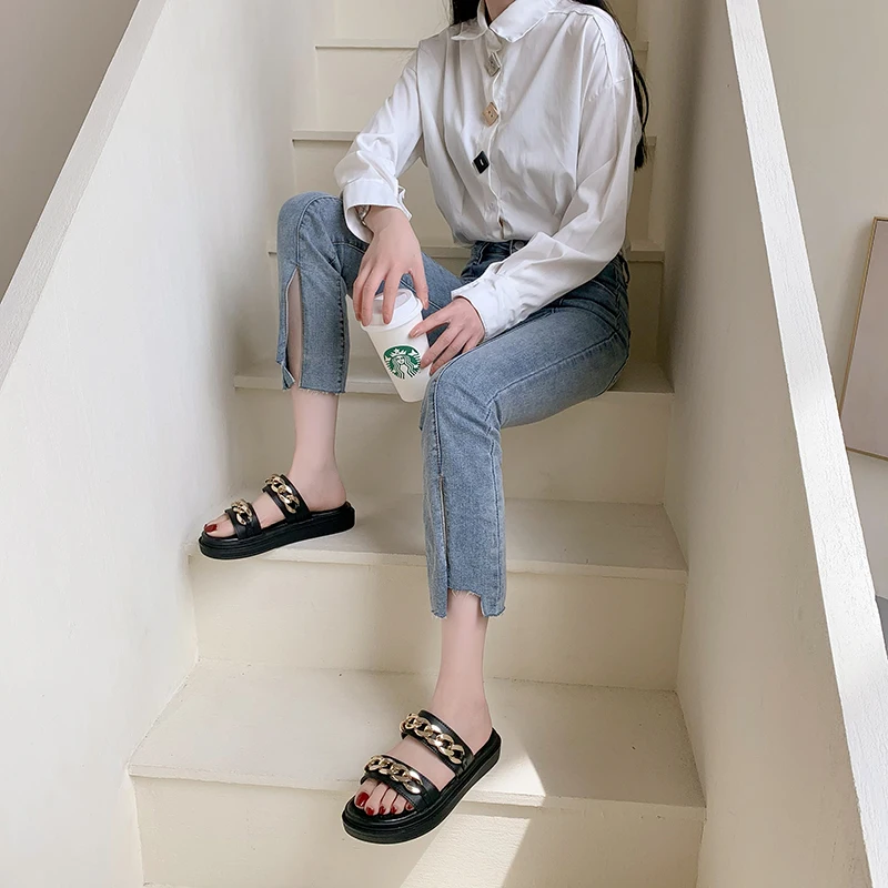 

Slippers Women Summer Shoes Beige Heeled Sandals Med Slides Fashion Pantofle Rivet Platform Black Luxury 2021 Flat Rome Rubber P