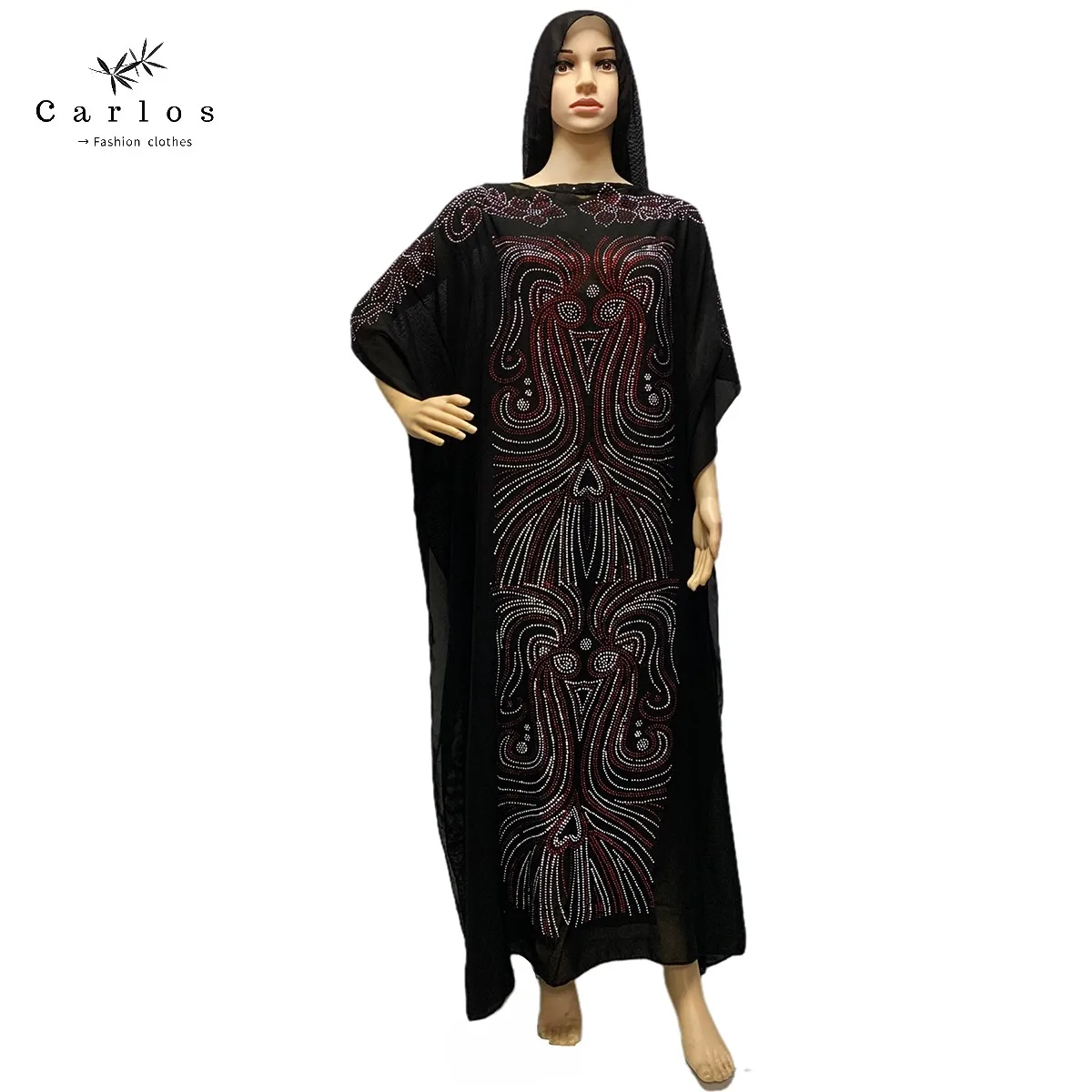 

2021 Fashion Latest Arrival African Colorful Beads Dresse With Scarf Big Size Muslim Women Long Black Lady Clothes