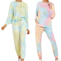 women gradient tie dye print two piece tracksuit long sleeve hooded drawstring sweatshirt tops jogger pants nightwear loungewear