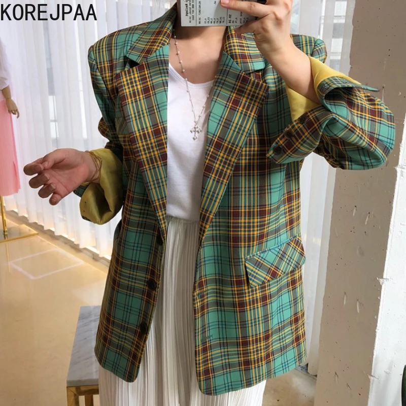 

Korejpaa Women Jackets 2021 Autumn Korean Retro British Style Lapel Single-Breasted Loose Versatile Plaid Long-Sleeved Blazer