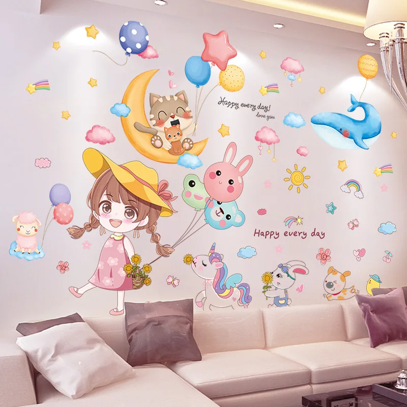 

[shijuekongjian] Cartoon Girl Wall Stickers DIY Animals Balloons Wall Decals for Kids Rooms Baby Bedroom House Decoration
