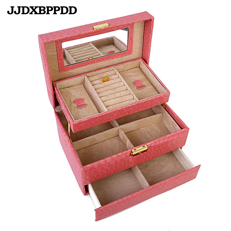 Beste Automatische Lederen Sieraden Draagtassen Drie-Layer Opslag Voor Vrouwen Oorbel Ring Decoratie Bijoux Cosmetische Organisator Kist