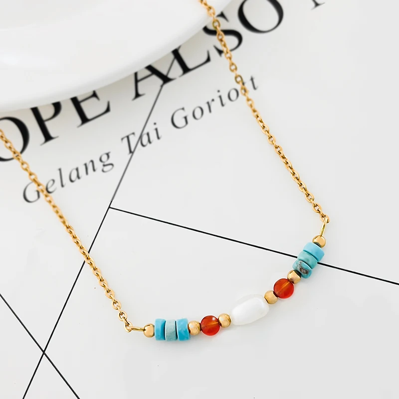 

Ожерелье из натурального камня для женщин, цепочка из нержавеющей стали цвета бирюзы и золота, 2021