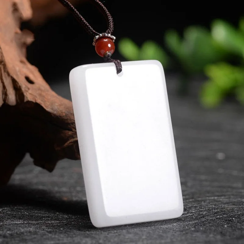 

Xinjiang White Jade Ping An Pai Blank Pendant Necklace Jade Stone Lucky Amulet Necklace With Chain Men Women Gift Drop Shipping