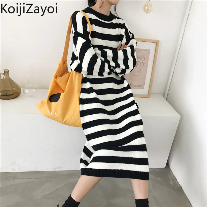 

Koijizayoi Striped Women Hooded Straight Maxi Dress Autumn Winter Fashion Lady Chic Korean Loose Dresses O Neck Long Sleeve Robe