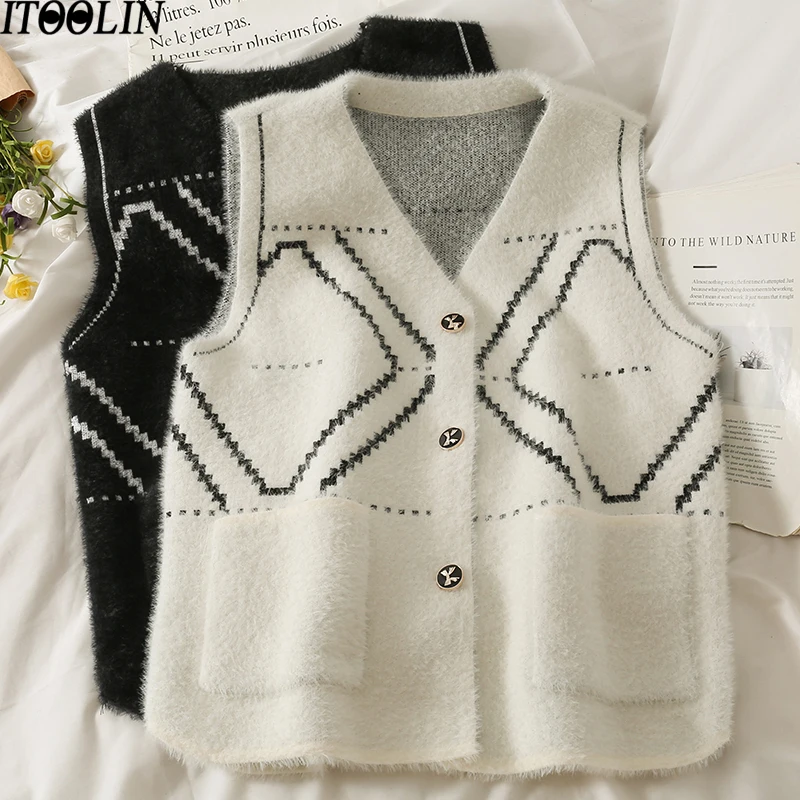 

Однотонный свитер ITOOLIN, жилет, Женская осенне-зимняя универсальная повседневная куртка, вязаный женский жилет без рукавов с V-образным вырез...