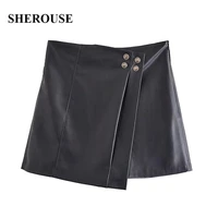 sherouse fashion faux leather shorts women high waisted invisible side zipper casual chic lady woman pu short skort pants