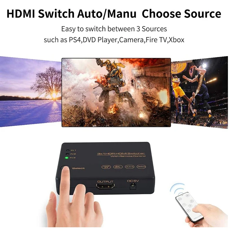 

3 in 1 HDR HDMI Switcher Switch Support 4K@60HZ, HDMI 2.0, HDCP 2.2, HDR, 3D, 18G/BPS with IR Remote Control
