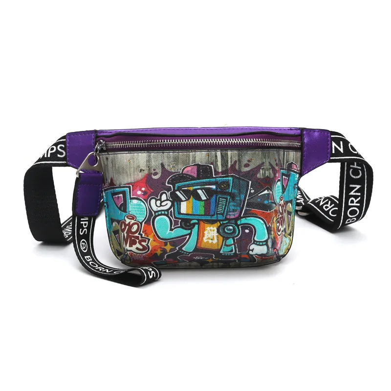 purple Fanny Pack Women Waist Bag Leather Crossbody Belt Shoulder Bags Waist Packs Girls Waterproof Street Sport Cartoon Chest Bag N88 - Цвет: purple