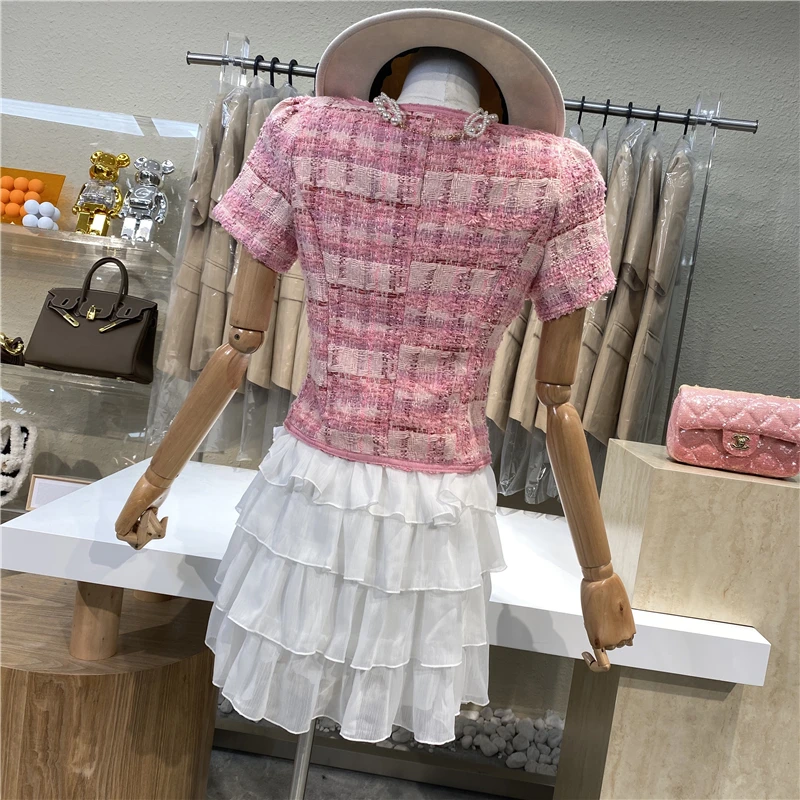 

Women Single Breasted Elegant Short Sleeve Jacket Top Elastic Waist Mesh White Skirt Lady Two Piece Skirt Set