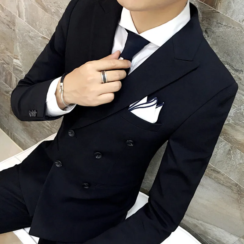 

Jacket Pants 2 Pcs New High-end Brand Solid Color Formal Business Double-breasted Boutique Costume Homme Wedding Dress Men Suits