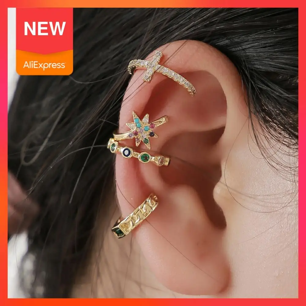 

fashion gold cz ear cuff women's earrings clip on cubic zircons no pierced crown rainbow cross ear cilp for women dropshipping