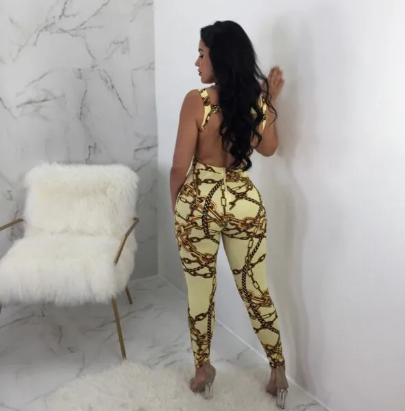 

Chain Print Women Sexy Jumpsuits Sleeveless Deep V-Neck Skinny Rompers Hollow Out Backless Summer Casual Overalls LM956