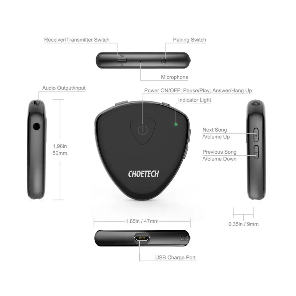 CHOETECH Беспроводной Bluetooth передатчик и приемник 2-в-1 один аудио Музыка адаптер с USB