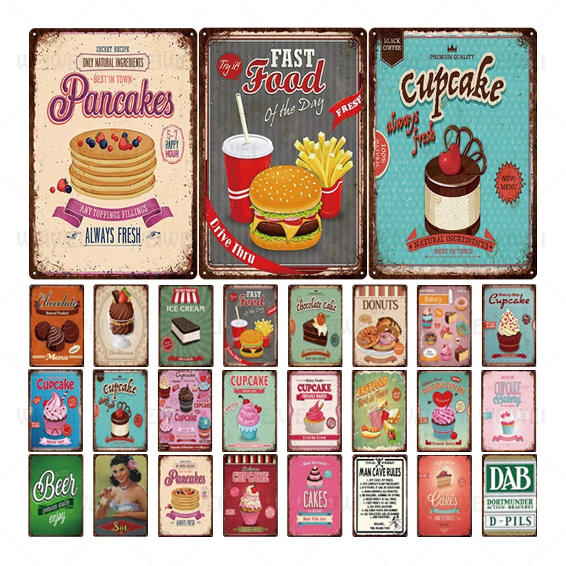 

Hamburger Fries Delicious Cake Metal Poster Plaque Metal Vintage Bakery Kitchen Decoration Sign Wall Decoration Metal Tin Sign